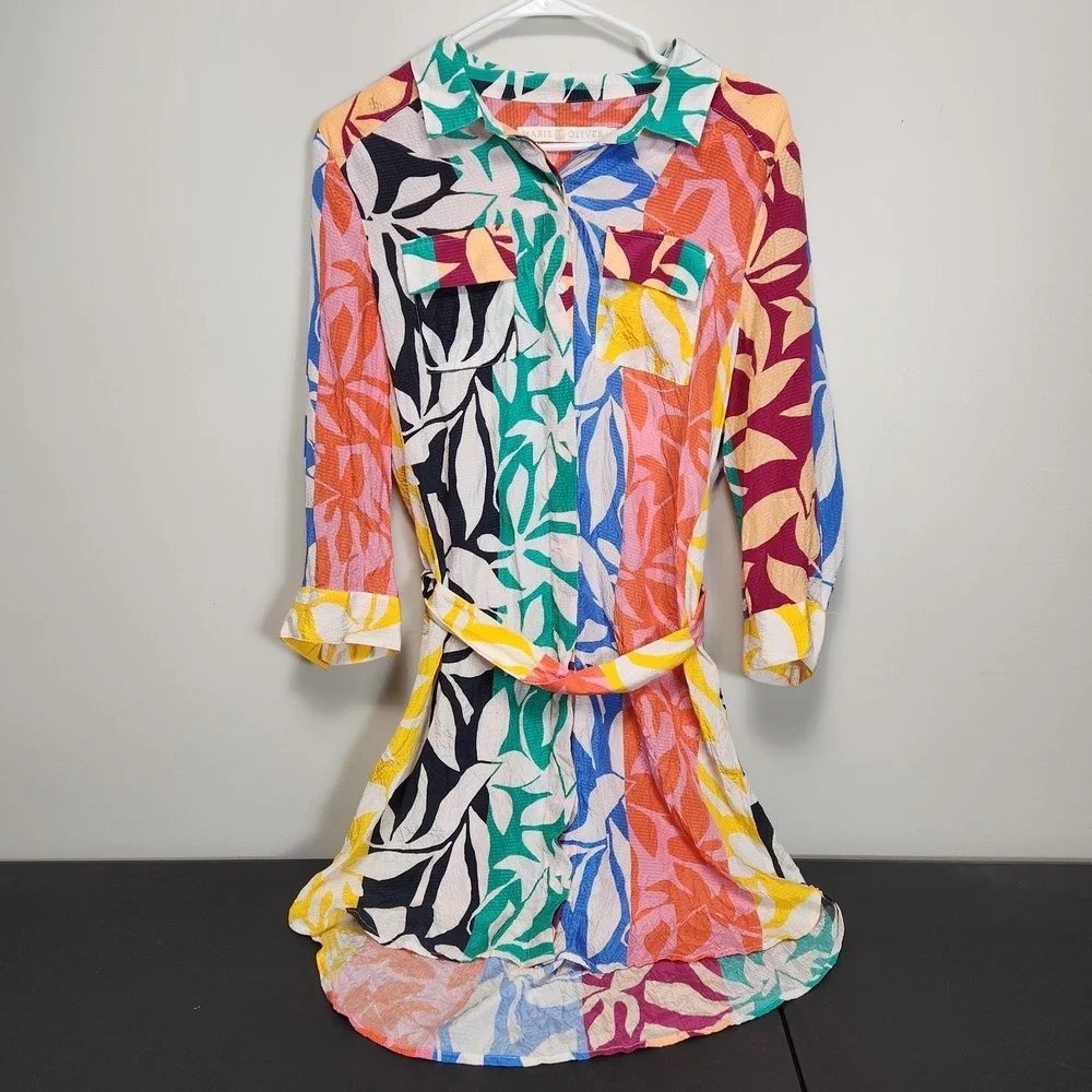 Marie Oliver Silk Mini Shirt Dress M Collar Tie Waist 3/4 Sleeve Tropical Resort - Picture 1 of 9